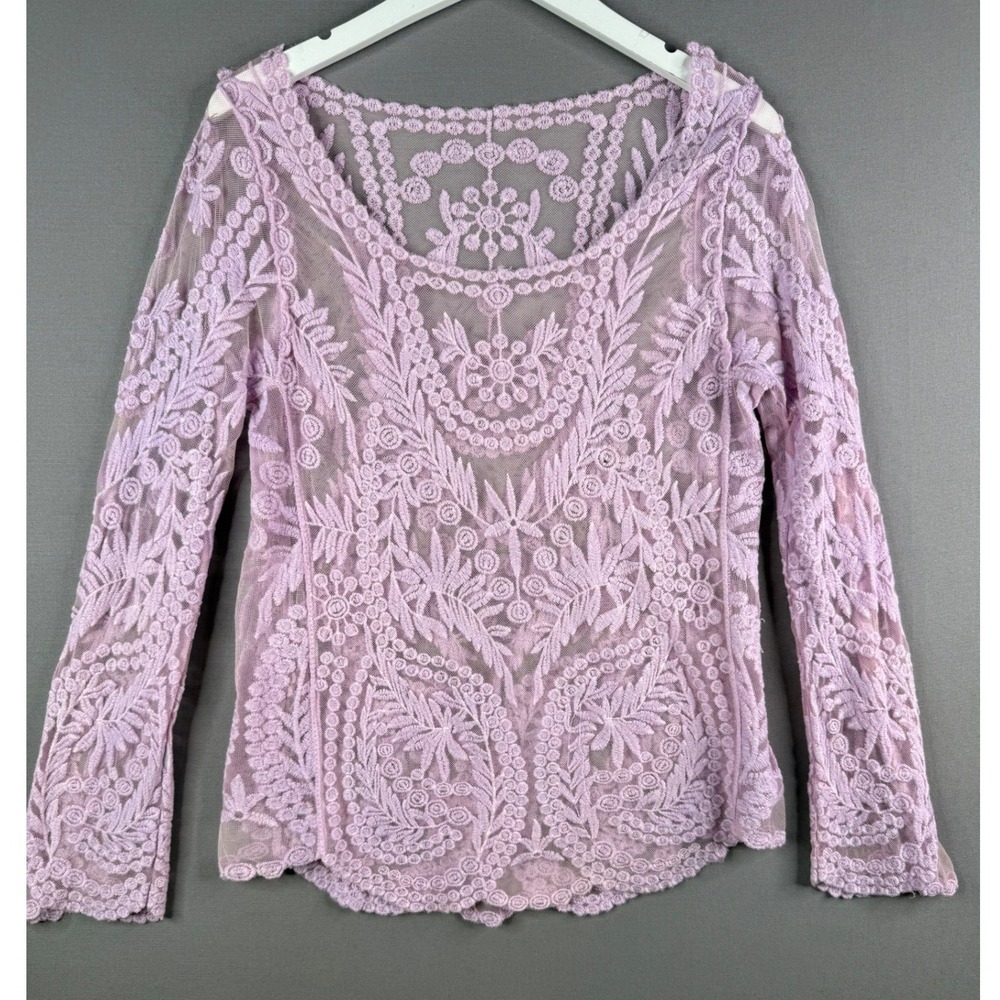 Lace Top Womens L Lavender Purple Sheer Floral Boho Long Sleeve‎ Ethereal Fairy